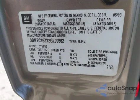 2003 Chevrolet Suburban 1500 Lt from USA, damaged, VIN 3GNEC16ZX3G299562